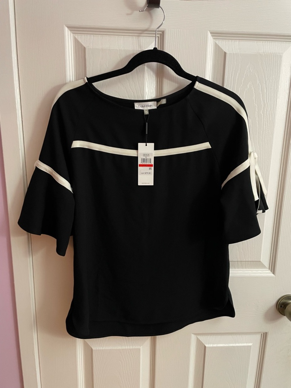 Calvin Klein Black Blouse with White Trim - Women's Crewneck Flutter Sleeve Top